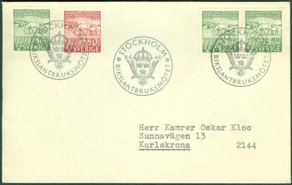 Sverige - FDC 1946-06-08 - Svenska Lantbruksmötena 100 år, serie 4 kpl Adressat