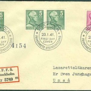 Sverige – FDC 1941-01-23 – Gustaf V, profil höger typ II, serie 4 kpl REK + Adressat
