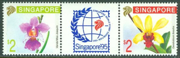 Singapore - M  627-628 + Zf Blommor - Orkidéer - Utställning, 3-strip kpl **