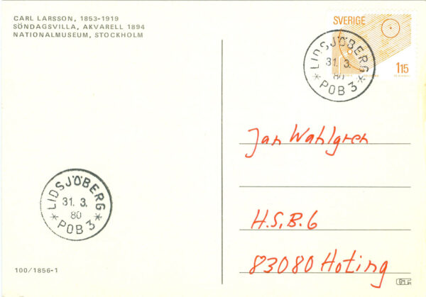 F 1115 på vykort sistadagsstämplat LIDSJÖBERG POB 3  31.3.80