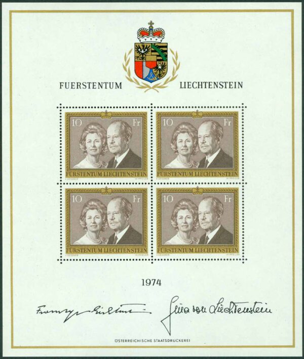 Liechtenstein - M  614 Fursteparet Franz Josef II och furstinnan Gina. Miniark kpl **
