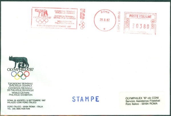Italien - World Olympic Philatelic Exhibition, francostämplat brev med vinjett