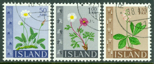 Island - F  418-420 Blommor III bla Fjällsippa, 3 olika