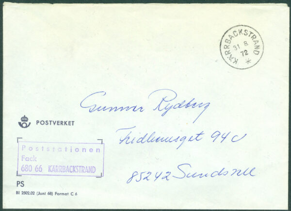 PS-brev KÄRRBACKSTRAND 31.8.72 Sistadagsstämpel