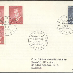 Sverige – FDC 1960-11-23 – Hjalmar Branting 100 år, 4 kpl Adressat