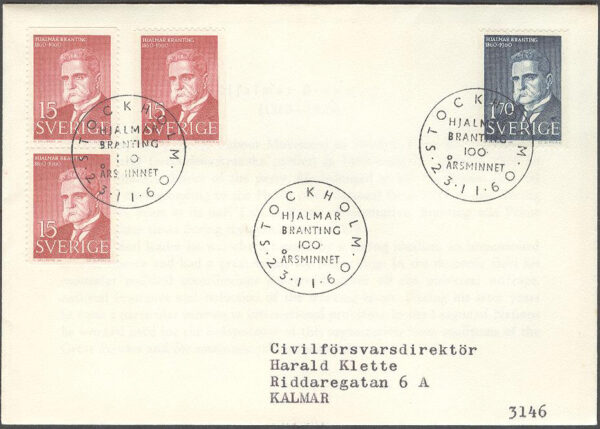 Sverige - FDC 1960-11-23 - Hjalmar Branting 100 år, 4 kpl Adressat
