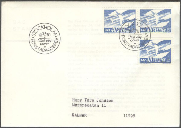 Sverige - FDC 1961-02-24 - SAS 10 år, 3 kpl Adressat