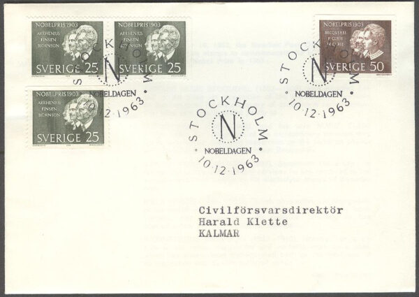 Sverige - FDC 1963-12-10 - Nobelpristagare 1903, 4 kpl Adressat