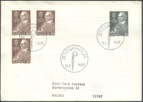 Sverige - FDC 1966-01-15 - Nathan Söderblom, serie 4 kpl Blå stämpel Adressat