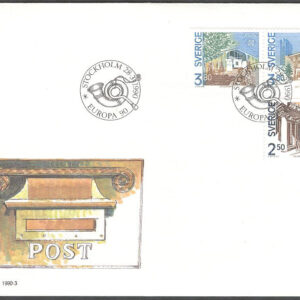 Sverige – FDC 1990-03-28 – Europa CEPT 1990 Postbyggnader, serie 3 kpl Vinjett 1