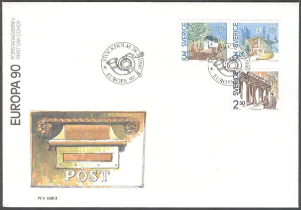 Sverige - FDC 1990-03-28 - Europa CEPT 1990 Postbyggnader, serie 3 kpl Vinjett 1