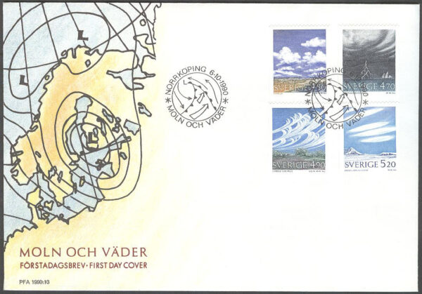 Sverige - FDC 1990-10-06 - Moln och väder, 4 kpl Vinjett 1