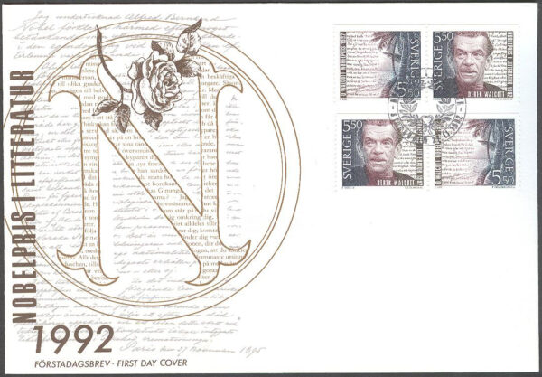 Sverige - FDC 1992-11-27 - Nobelpristagare Litteratur 1992, serie 4 kpl Vinjett 1