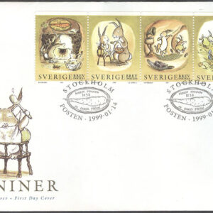Sverige – FDC 1999-01-14 – Kaniner, 4-strip kpl Vinjett 1