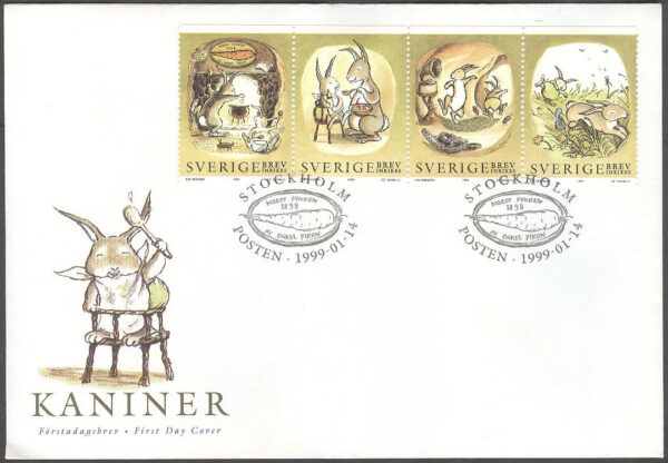 Sverige - FDC 1999-01-14 - Kaniner, 4-strip kpl Vinjett 1