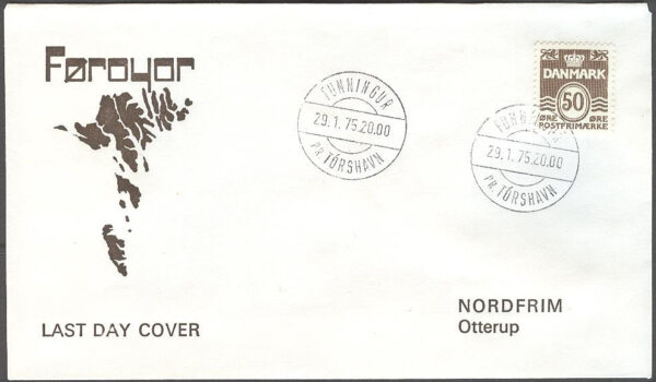 Färöarna - Funningur PR Tórshavn 29.1.75 på brev - Sistadagsstämpel - Danskt frim