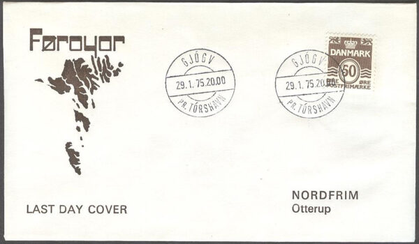 Färöarna - Gjógv PR Tórshavn 29.1.75 på brev - Sistadagsstämpel - Danskt frimärke
