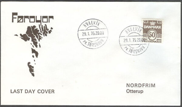 Färöarna - Hvalvík PR Tórshavn 29.1.75 på brev - Sistadagsstämpel - Danskt frimärke