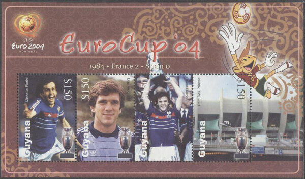 Guyana - M 7691-7694 EM i Fotboll 2004 i Portugal bla M Platini, Miniark kpl **
