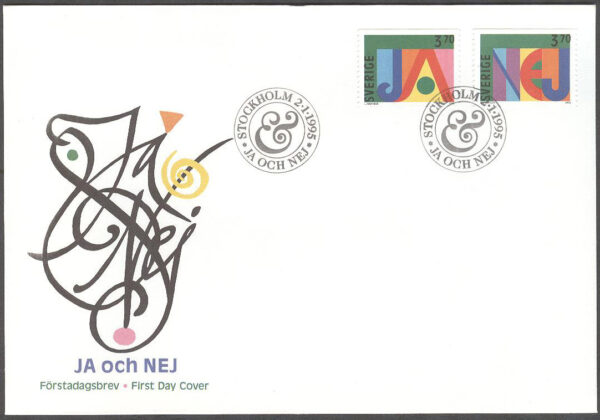 Sverige - FDC 1995-01-02 - Ja och Nej frimärken II, serie 2 kpl Vinjett 1