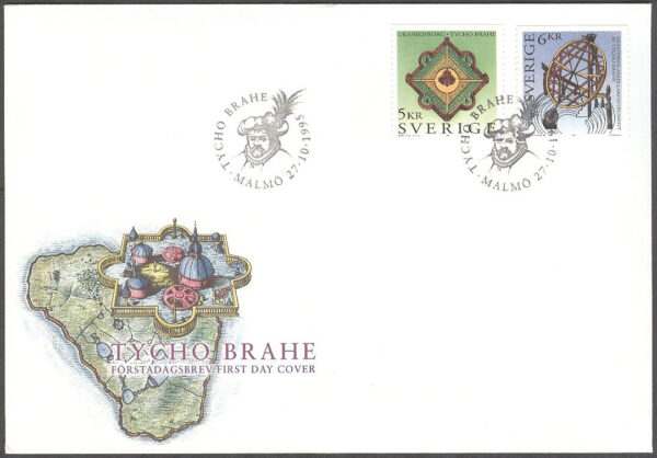 Sverige - FDC 1995-10-27 - Tycho Brahe, serie 2 kpl Vinjett 1