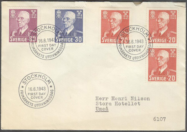 Sverige - FDC 1943-06-16 - Gustaf V 85 år, serie 5 kpl Adressat
