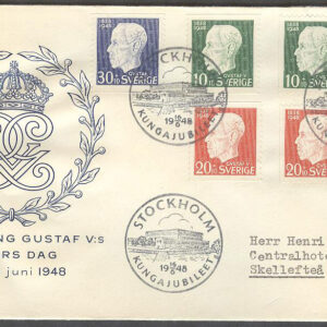 Sverige – FDC 1948-06-16 – Gustav V 90 år, serie 7 kpl Vinjett 1 a Adressat