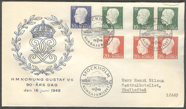 Sverige - FDC 1948-06-16 - Gustav V 90 år, serie 7 kpl Vinjett 1 a Adressat