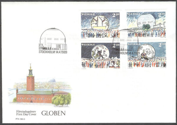 Sverige - FDC 1989-04-14 - Globen, 4 kpl Vinjett 1