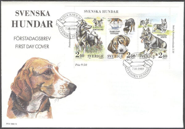 Sverige - FDC 1989-10-07 - Svenska hundar, serie 3 kpl Vinjett 1