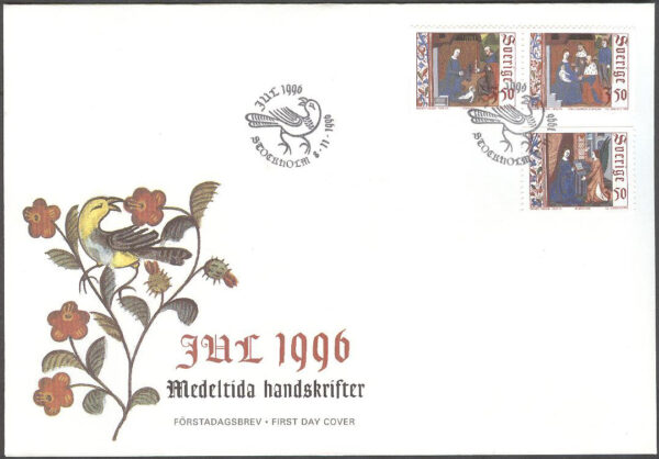 Sverige - FDC 1996-11-08 - Julpost 1996  Medeltida handskrifter, 3 kpl Vinjett 1
