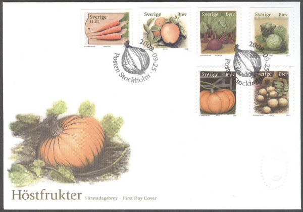 Sverige - FDC 2008-09-25 - Höstfrukter, serie 6 kpl Vinjett 1