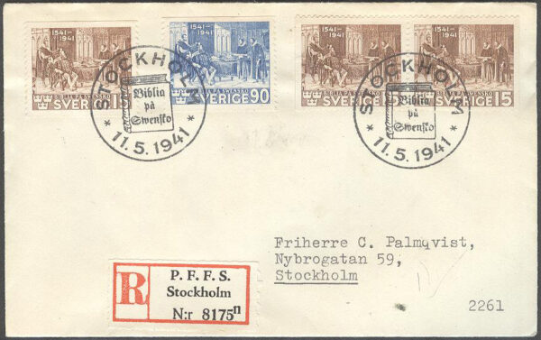 Sverige - FDC 1941-05-11 - Bibeljubiléet, 4 kpl REK + Adressat