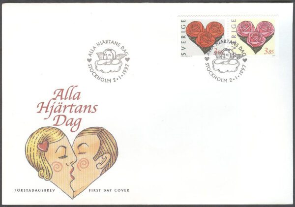 Sverige - FDC 1997-01-02 - Alla Hjärtans Dag, par kpl Vinjett 1