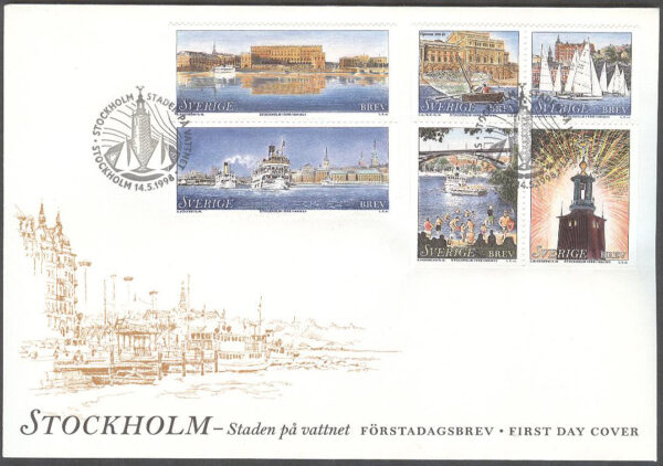 Sverige - FDC 1998-05-14 - Stockholm - Staden på vattnet, Delat 6-Block kpl Vinjett 1