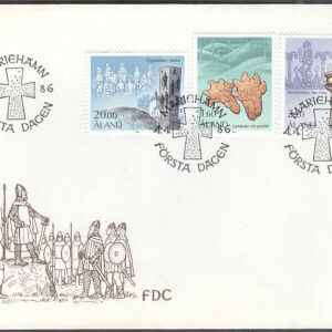 Åland – FDC 1986-04-04 – Historiska Motiv bla Gravfält, 3 kpl Vinjett 1