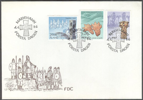 Åland - FDC 1986-04-04 - Historiska Motiv bla Gravfält, 3 kpl Vinjett 1