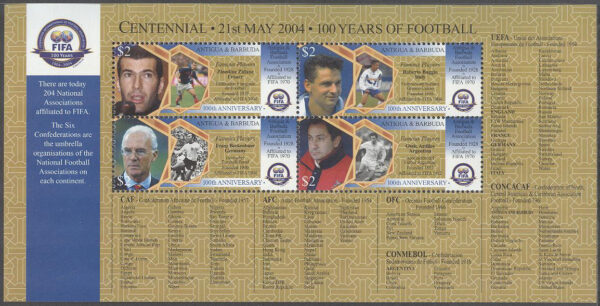 Antigua & Barbuda - M 4164-4167 Inter Fotbollsförbundet FIFA 100 år, Miniark kpl **