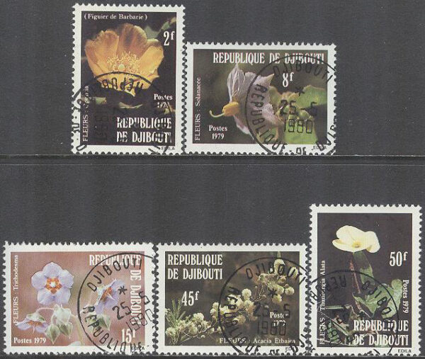 Djibouti - M  253-257 Blommor & Växter bla Fikonkaktus, 5 kpl stpl