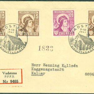 Sverige – FDC 1941-10-07 – Heliga Birgitta, serie 4 kpl REK+ Adressat