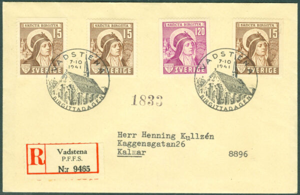Sverige - FDC 1941-10-07 - Heliga Birgitta, serie 4 kpl REK+ Adressat