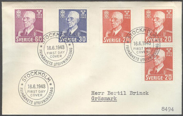 Sverige - FDC 1943-06-16 - Gustaf V 85 år, serie 5 kpl Adressat