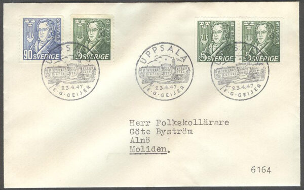 Sverige - FDC 1947-04-23 - Erik Gustaf Geijer, serie 4 kpl Adressat