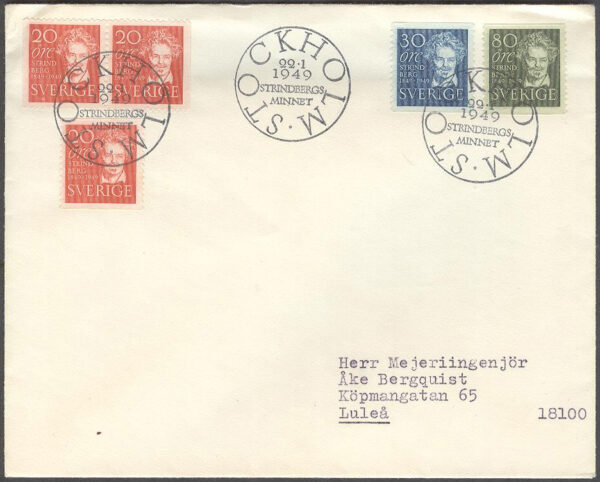 Sverige - FDC 1949-01-22 - August Strindberg, 5 kpl Adressat