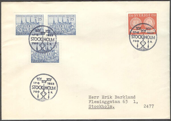 Sverige - FDC 1953-06-17 - Stockholm 700 år, 4 kpl Adressat