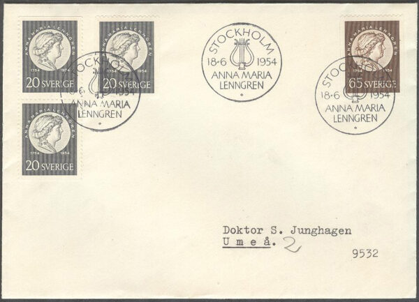 Sverige - FDC 1954-06-18 - Anna Maria Lenngren, 4 kpl Adressat