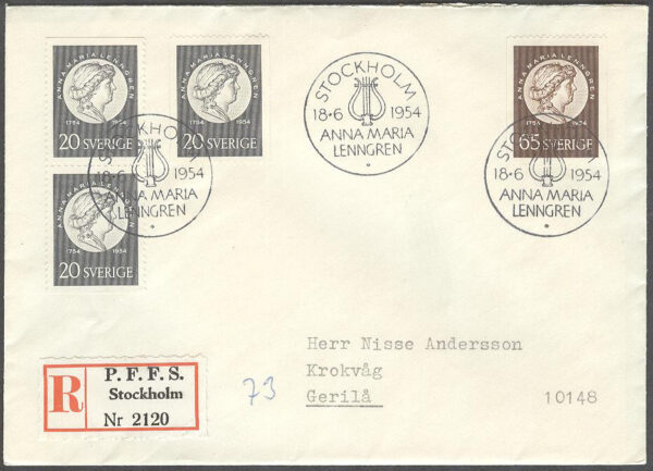 Sverige - FDC 1954-06-18 - Anna Maria Lenngren, 4 kpl REK+Adressat