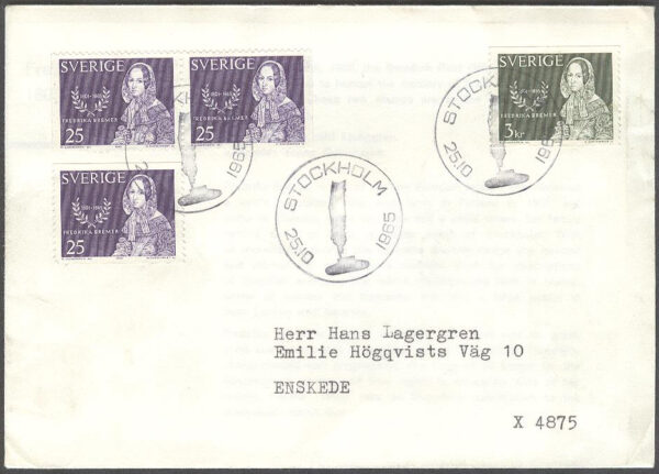 Sverige - FDC 1965-10-25 - Fredrika Bremer, 4 kpl Adressat