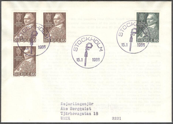 Sverige - FDC 1966-01-15 - Nathan Söderblom, 4 kpl Blå stämpel Adressat