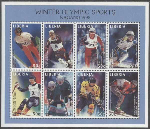 Liberia - M 1870-1877 OS i Nagano 1998 bla Skidor & Ishockey, Miniark kpl **